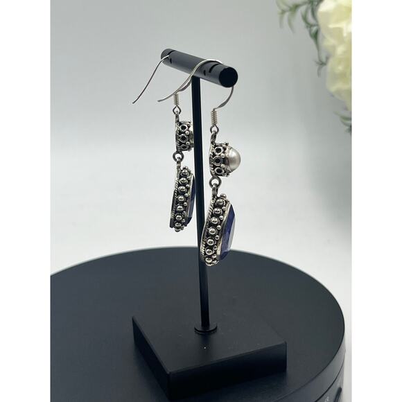 India 925 sterling Faceted Lapis Lazuli White Fresh Water Pearl Cabochon Earring - Picture 7 of 16